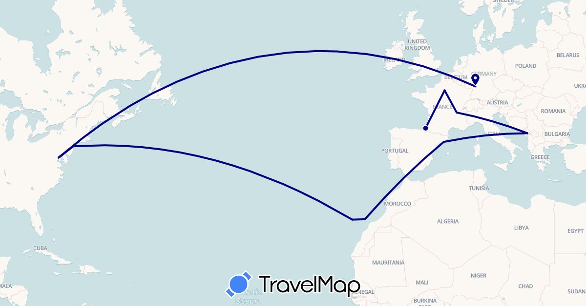 TravelMap itinerary: driving in Germany, Spain, France, Montenegro, United States (Europe, North America)